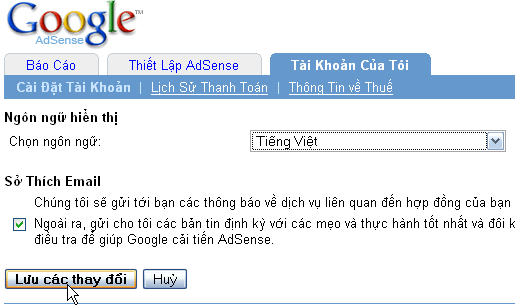 Chọn giao diện tiếng Việt cho tài khoản Adsense của bạn