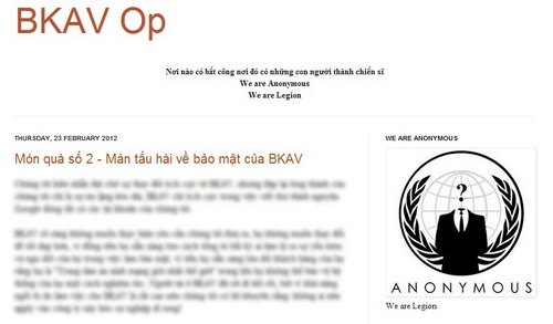 Nhóm tin tặc tự xưng là Anonymous Việt Nam đang là một thách thức lớn với BKAV (ảnh chụp từ bkavop.blogspot.com)